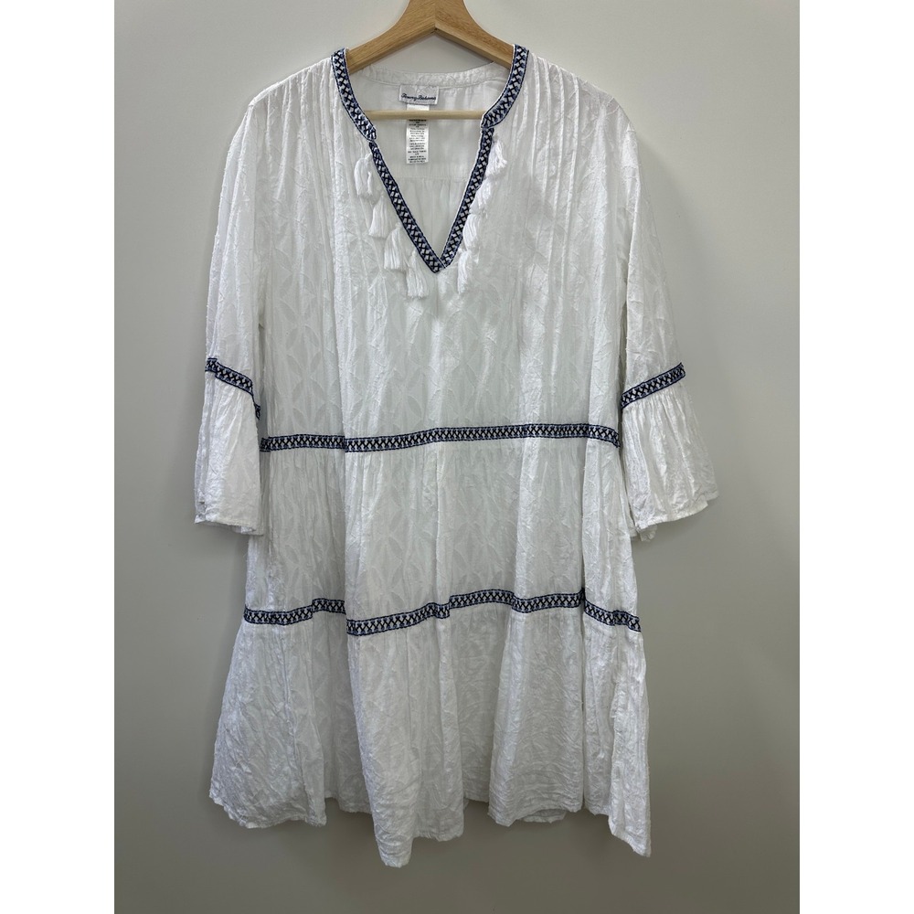 Tommy Bahama Cotton Clip Embroidered Tiered Cover Up Dress White & Blue Large - Picture 10 of 11